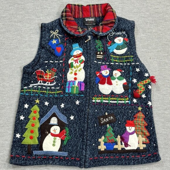 Designers Originals Womens Blue Embroidered Christmas Snowman Sweater Vest Small - Picture 5 of 16